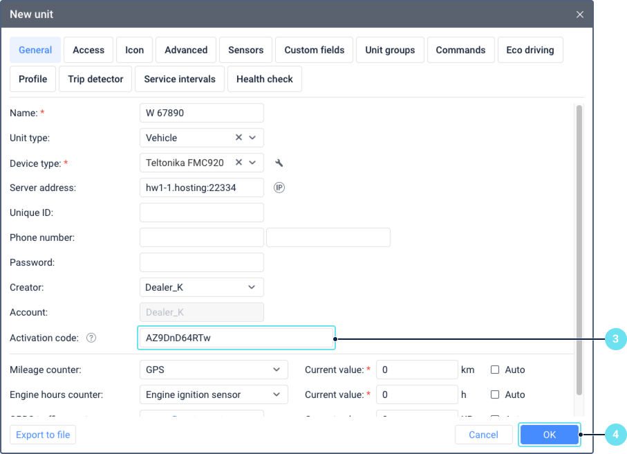Unit properties window open to the General tab. The Activation code field contains a pasted activation code. Other fields such as Name, Unique ID, and Device type are visible.