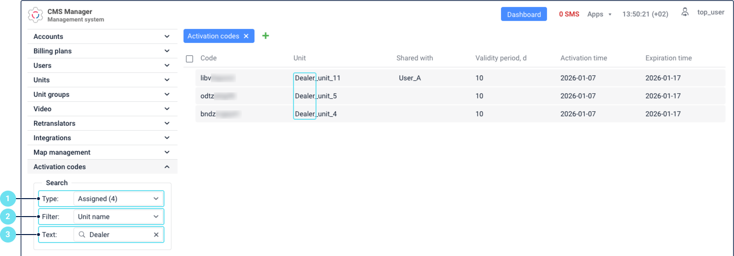 The "CMS Manager" interface shows the "Activation codes" section. A "Search" panel on the left features numbered callouts for the "Type", "Filter", and "Text" fields, with the results filtered by "Unit name". The main table displays the filtered codes with columns such as "Code", "Unit", "Shared with", "Validity period, d", "Activation time", and "Expiration time".