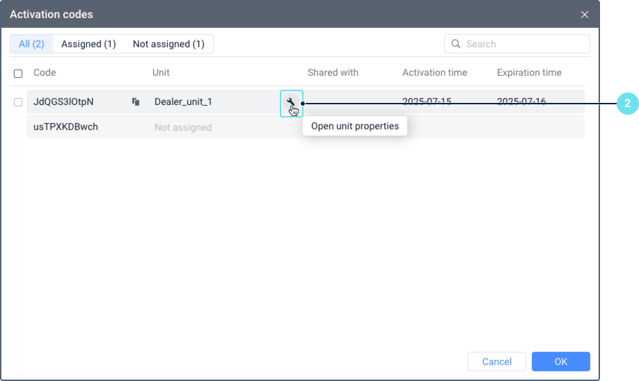 Activation codes window showing a clickable wrench icon highlighted in blue to indicate it can be used to open the unit properties