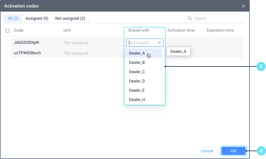 Activation codes window with columns for Code, Unit, Share with, Validity period, Activation time, and Expiration time. The Share with column shows a dropdown list of accounts, with one account highlighted to indicate it is selected.