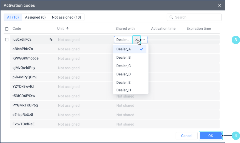 CMS Manager Activation codes interface showing a list of codes in a data grid. A prominent X (cross) icon appears next to a shared account name in the first row, indicating the option to unshare the code. Other columns display Code, Unit, Shared with, Activation time, and Expiration time information