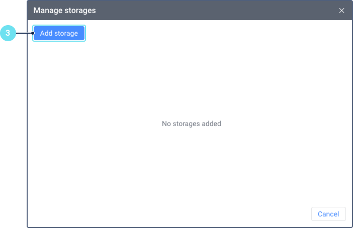 A screenshot of the 'Manage storages' modal window. The window is in its empty state, displaying a 'No storages added' message. Callout 3 points to the 'Add storage' button at the top.