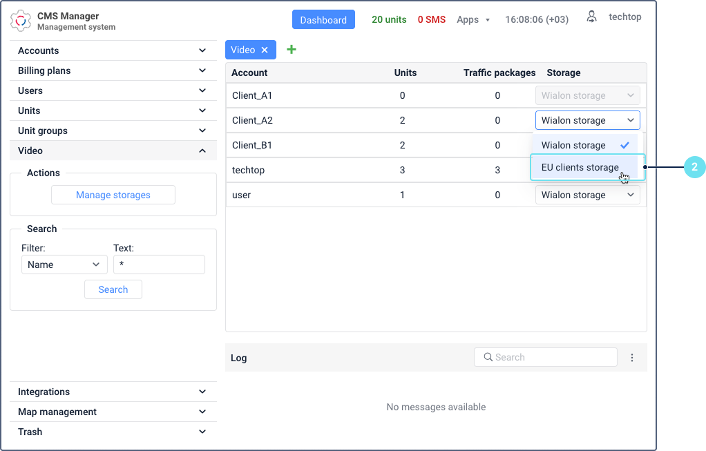 The process of assigning a custom storage on the Video tab. Callout 2 points to the 'Storage' column, where a user is selecting 'EU clients storage' from an open dropdown menu for an account.
