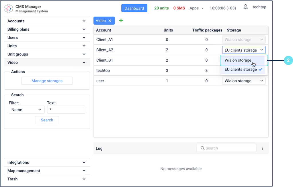 The process of unassigning a custom storage in CMS Manager. On the 'Video' tab, a table shows a list of accounts. For the 'Client_B1' account, the user is selecting 'Wialon storage' from a dropdown menu in the 'Storage' column, reverting from the custom 'EU clients storage'.