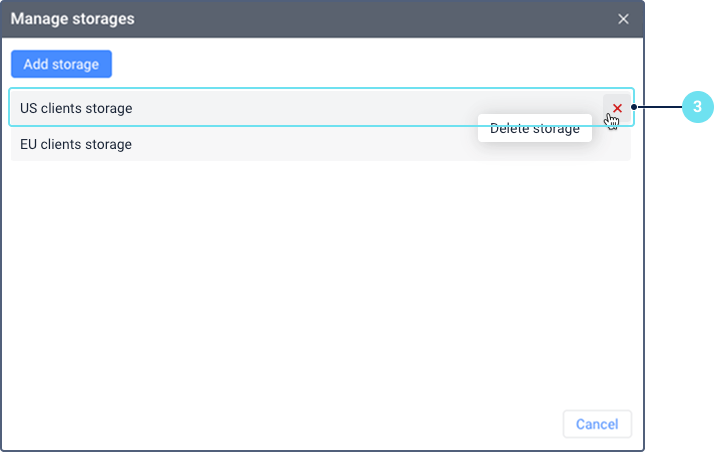 The process of deleting a storage in the 'Manage storages' window. Callout 3 points to the delete icon (an 'X') and its 'Delete storage' tooltip, which appears when the user hovers over a storage row.