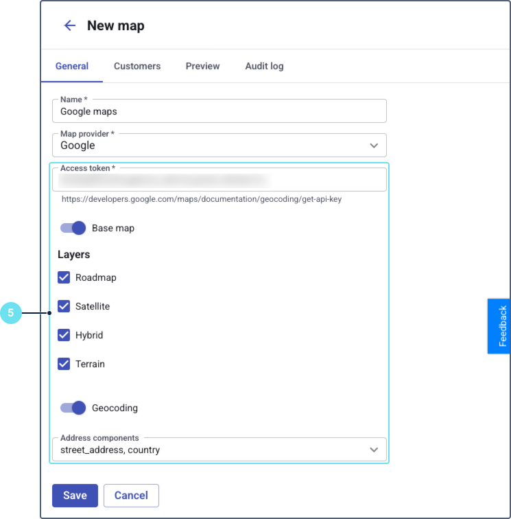 The "New map" form showing configuration options for Google Maps, including fields for an access token and layer checkboxes.