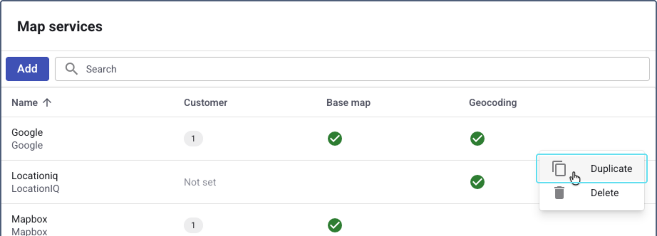 The action menu for a map service in Wialon Platform, with the 'Duplicate' option highlighted.
