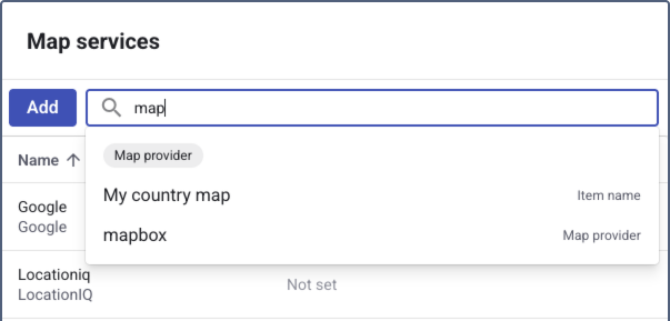 A user typing "map" into the search bar on the "Map services" screen, which displays a dropdown with results including "My country map" and "mapbox".