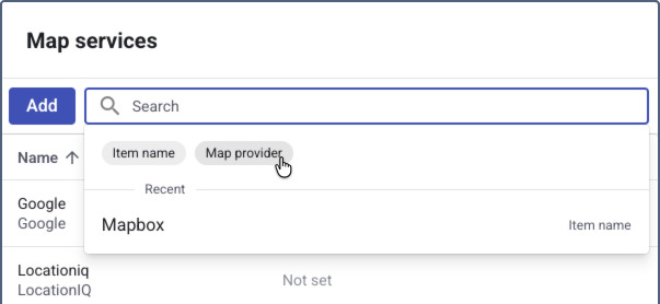 The search dropdown on the "Map services" screen, with a cursor hovering over the "Map provider" filter option above a list of recent searches.