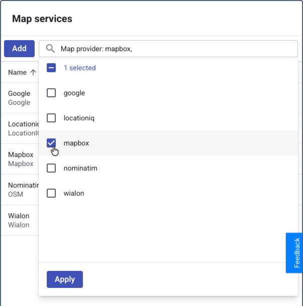 A filter dropdown for "Map provider" on the "Map services" screen, with a cursor selecting the "mapbox" checkbox from a list of providers.