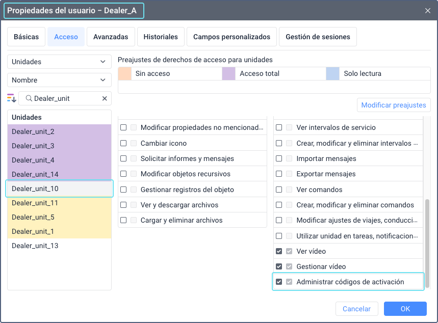 Ventana de propiedades de usuario en el CMS Manager con la pestaña Acceso abierta. El derecho de acceso Administrar códigos de activación está habilitado para una unidad, indicado por una casilla marcada. Otros derechos de acceso se enumeran en formato de tabla.