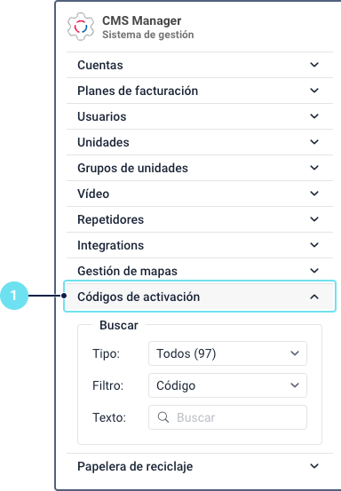 Barra de navegación en la interfaz de CMS Manager con la opción "Códigos de activación" resaltada.