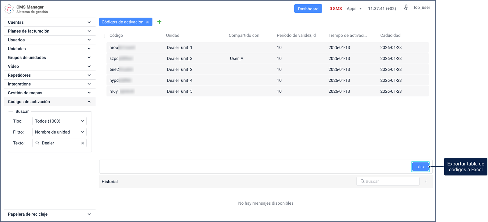 La sección "Códigos de activación" en CMS Manager muestra la barra de herramientas con el botón de exportación .xlsx resaltado. La tabla superior muestra códigos de activación con las columnas "Código", "Unidad", "Compartido con", "Período de validez", "Tiempo de activación" y "Caducidad".