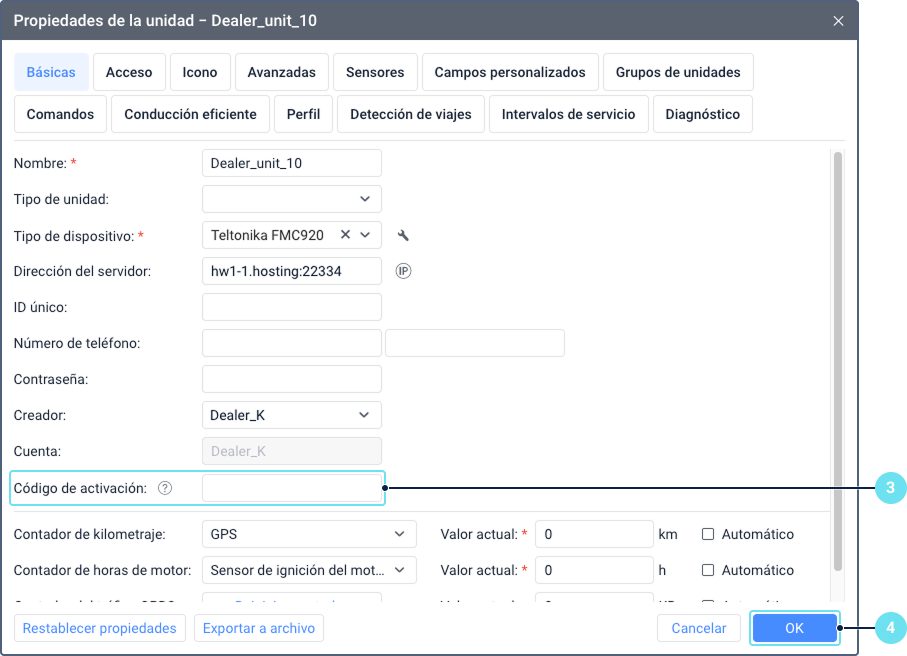 Diálogo de propiedades de la unidad que muestra un campo de Código de activación vacío. El campo aparece como un cuadro de texto en blanco dentro de la interfaz de configuración de la pestaña Básicas. Otros campos de configuración son visibles pero no están en foco.