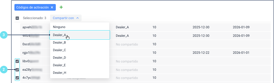 Sección "Códigos de activación" con múltiples códigos seleccionados. Las columnas Código, Unidad, Compartir con, Período de validez, Tiempo de activación y Tiempo de caducidad no son visibles. En su lugar, se muestra el número de códigos seleccionados. La columna Compartir con muestra una lista desplegable de cuentas, con una cuenta resaltada para indicar que está seleccionada.