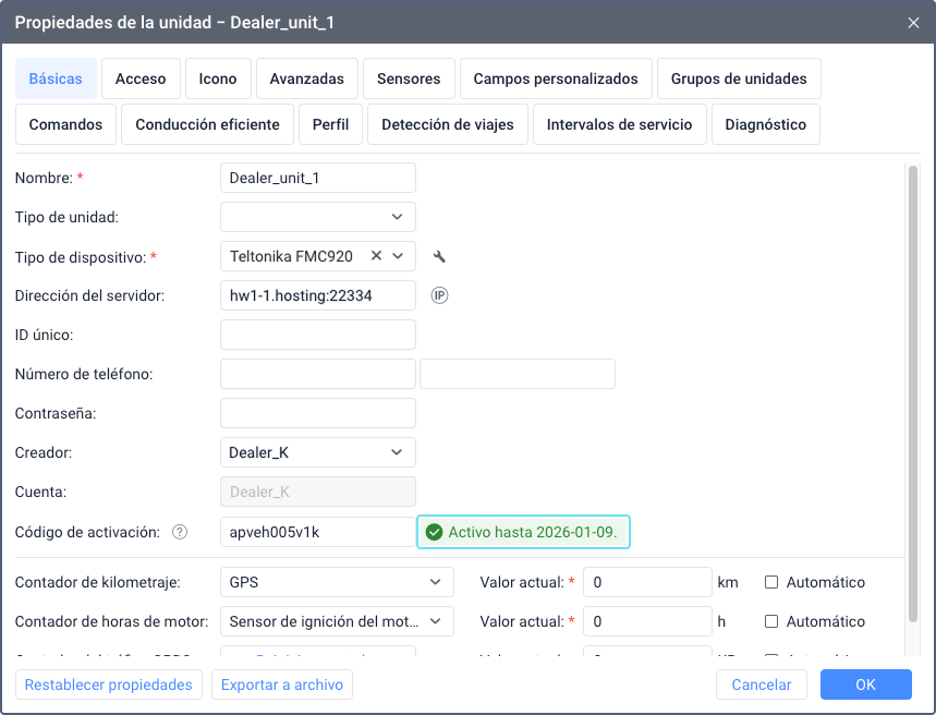 Diálogo de propiedades de la unidad que muestra el campo Activo hasta en texto verde mostrando la fecha de caducidad del código de activación. La fecha aparece junto al campo Código de activación en la interfaz de la pestaña Básicas