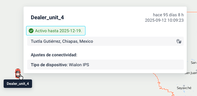 Información sobre herramientas de unidad en el sistema de rastreo mostrando la fecha de desactivación
