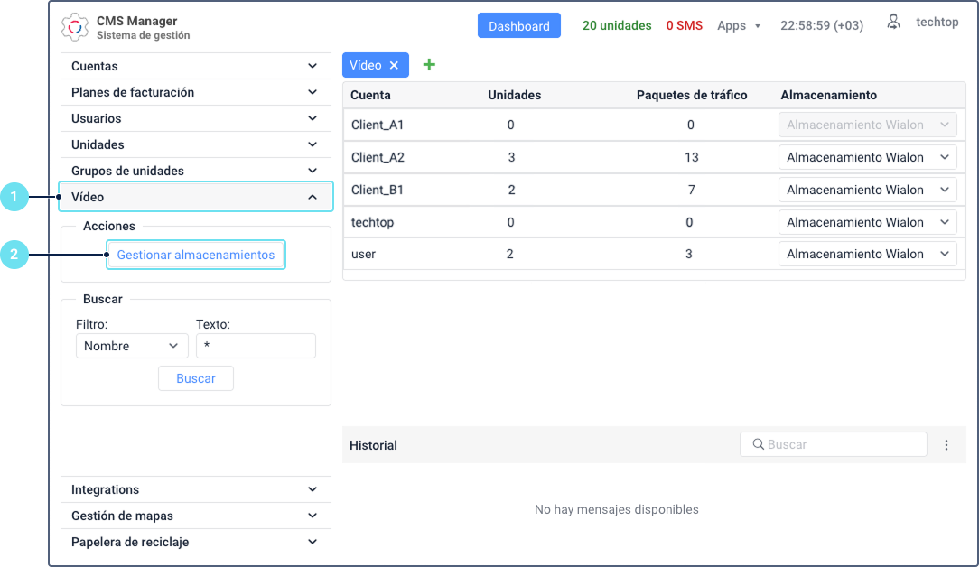La pestaña Vídeo en la interfaz de CMS Manager. La llamada 1 señala la sección 'Vídeo' en el menú de navegación izquierdo. La llamada 2 señala el botón 'Gestionar almacenamientos' directamente debajo. La tabla principal muestra una lista de cuentas con una columna 'Almacenamiento'.