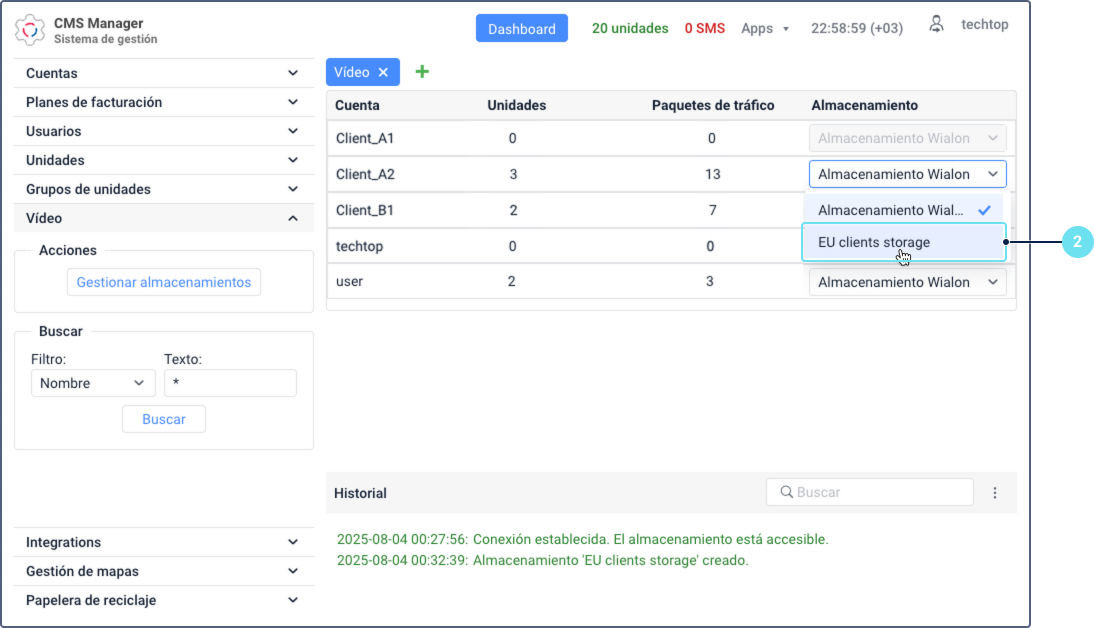 El proceso de asignar un almacenamiento personalizado en la pestaña Vídeo. La llamada 2 señala la columna 'Almacenamiento', donde un usuario está seleccionando 'Almacenamiento de clientes UE' de un menú desplegable abierto para una cuenta.