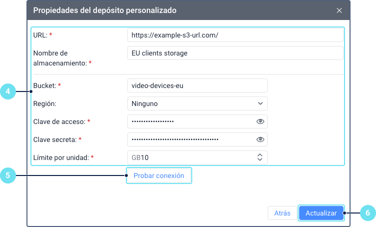 El formulario 'Propiedades del almacenamiento personalizado' para editar los detalles de un almacenamiento. La llamada 4 señala el bloque de campos de configuración editables. La llamada 5 resalta el botón 'Probar conexión', y la llamada 6 resalta el botón 'Actualizar' usado para guardar cambios.