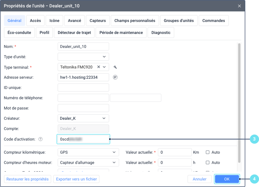 Fenêtre des propriétés de l'unité ouverte sur l'onglet Général. Le champ Code d'activation contient un code d'activation collé. D'autres champs tels que Nom, ID unique et Type terminal sont visibles.
