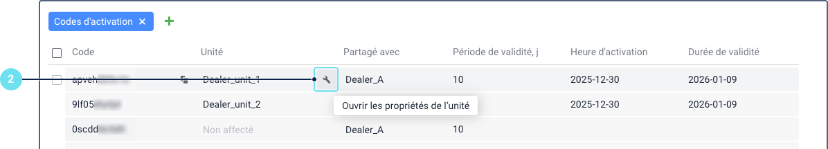 Section « Codes d'activation » montrant une icône clé cliquable mise en surbrillance en bleu pour indiquer qu'elle peut être utilisée pour ouvrir les propriétés de l'unité