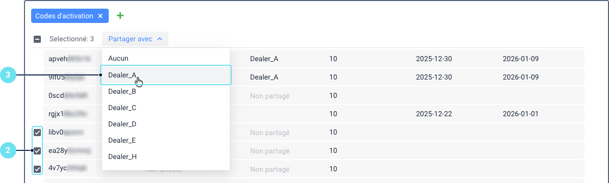 Section « Codes d'activation » avec plusieurs codes sélectionnés. Les colonnes Code, Unité, Partager avec, Heure d'activation et Heure d'expiration ne sont pas visibles. À la place, le nombre de codes sélectionnés est affiché. La colonne Partagé avec affiche une liste déroulante de comptes, avec un compte mis en surbrillance pour indiquer qu'il est sélectionné.