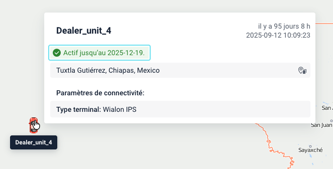 Bulle d'aide de l'unité dans le système de suivi affichant la date de désactivation