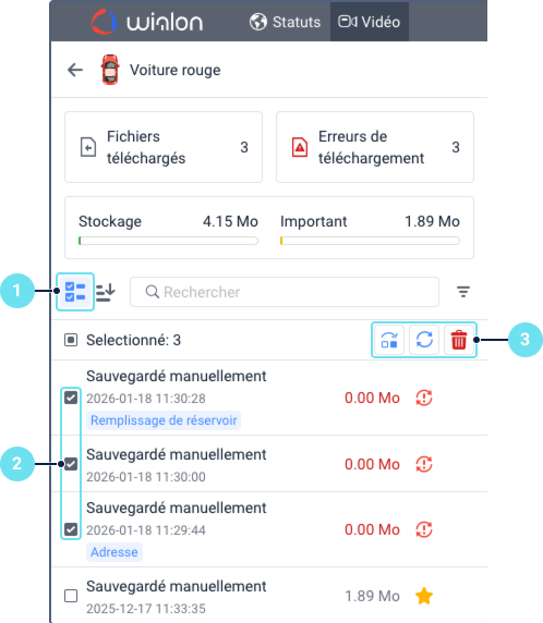 L'onglet "Vidéo" de Wialon pour une unité avec des numéros : "1" pour le mode de sélection, "2" pour les cases à cocher à côté de quatre fichiers sélectionnés, et "3" pour les icônes d'action en masse ("ignorer", "réessayer" et "supprimer").