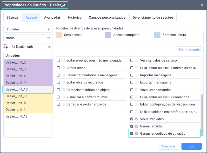 Janela de propriedades do usuário no CMS Manager com a aba Acesso aberta. O direito de acesso Gerenciar códigos de ativação está habilitado para uma unidade, indicado por uma caixa marcada. Outros direitos de acesso estão listados em formato de tabela.
