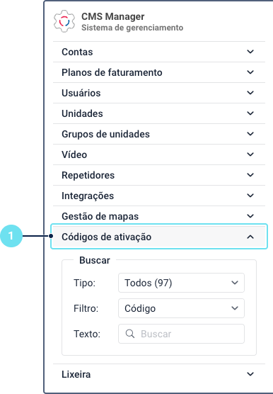 Painel de navegação na interface do CMS Manager com Códigos de ativação destacado.