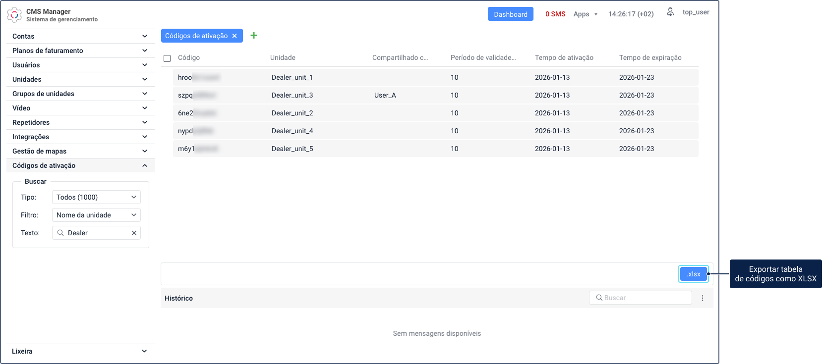 A seção "Códigos de ativação" no CMS Manager mostrando a barra de ferramentas com o botão de exportação .xlsx destacado. A tabela acima exibe códigos de ativação com as colunas "Código", "Unidade", "Compartilhado com", "Período de validade", "Tempo de ativação" e "Tempo de expiração".