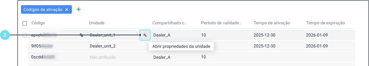 Seção Códigos de ativação mostrando um ícone de chave inglesa clicável destacado em azul para indicar que pode ser usado para abrir as propriedades da unidade