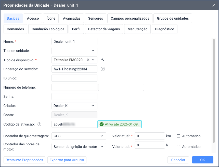 Diálogo de propriedades da unidade mostrando campo Ativo até em texto verde exibindo a data de expiração do código de ativação. A data aparece ao lado do campo Código de ativação na interface da aba "Básicas"