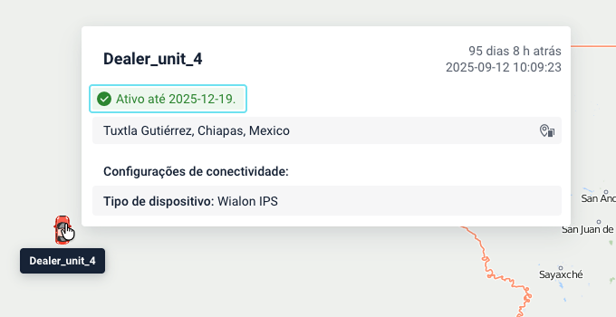 Dica de contexto da unidade no sistema de monitoramento exibindo a data de desativação