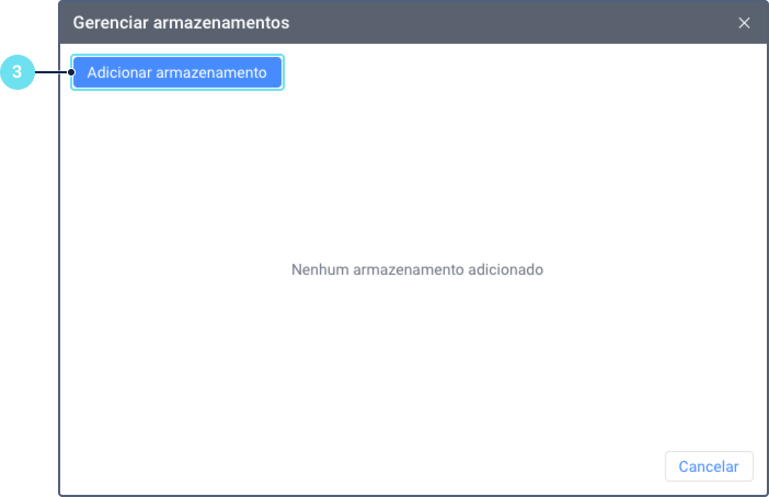 Uma captura de tela da janela modal 'Gerenciar armazenamentos'. A janela está em seu estado vazio, exibindo a mensagem 'Nenhum armazenamento adicionado'. O destaque 3 aponta para o botão 'Adicionar armazenamento' no topo.