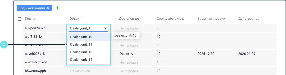 Раздел "Коды активации" в CMS Manager, показывающий список кодов активации со столбцами Код, Объект, Доступен для, Срок действия, Время активации и Действует до. Пользователь вводит имя объекта в поле Объект для назначения кода.