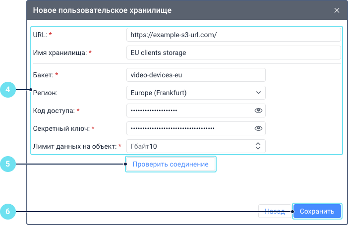 Форма «Новое пользовательское хранилище» с примером заполненных данных. Выноска 4 указывает на блок полей конфигурации, таких как URL, Корзина и Ключ доступа. Выноска 5 выделяет кнопку «Проверить подключение». Выноска 6 указывает на кнопку «Сохранить» внизу окна.