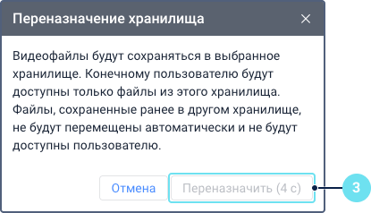 Диалоговое окно подтверждения «Переназначить хранилище». Оно отображает предупреждение о том, что существующие файлы не будут перемещены автоматически. Выноска 3 указывает на кнопку «Переназначить», которая временно отключена и показывает таймер обратного отсчета.