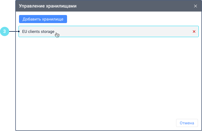 Окно «Управление хранилищами», в котором перечислено настроенное пользовательское хранилище. Выноска 3 выделяет строку для «Хранилище для клиентов из ЕС», показывая курсор, наведенный на нее, и значок удаления справа.
